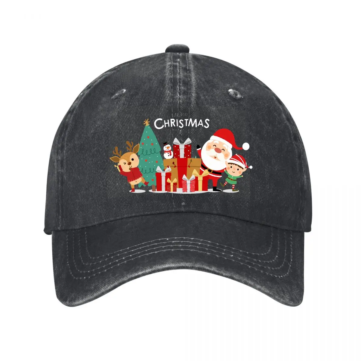 Gorra de béisbol de mezclilla desgastada con diseño navideño de Papá Noel, renos, elfos y árboles, ideal para actividades al aire libre.