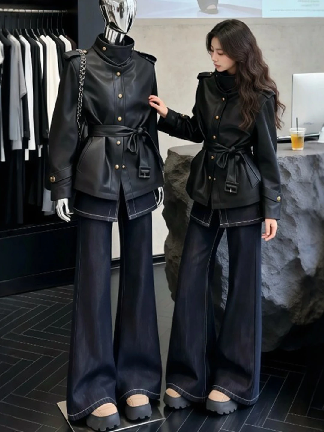 

Faionable Korean Sle Bla Belted Leather Jaet American Retro Unique Beautiful Outerwear Spring 2026 Women's Coat