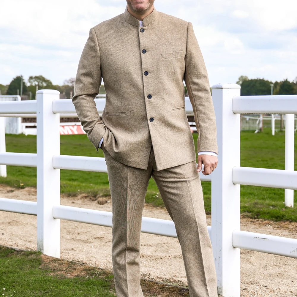 

Мужские костюмы из двух предметов, твидовый воротник-стойка с узором «елочка», однобортные свадебные костюмы для жениха, мужские костюмы (пиджак + брюки)