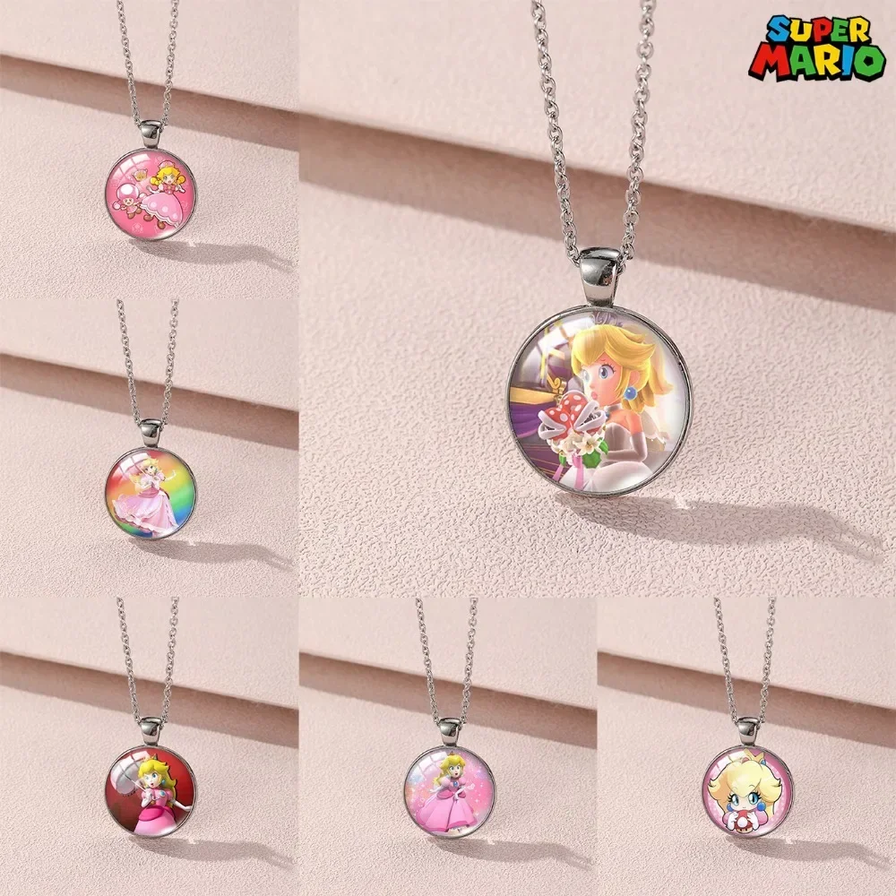 Colgantes de Super Mario Bros Time para niñas, collares de gemas, juguetes de Anime de princesa melocotón, cadenas de suéter de moda, regalos de cumpleaños y Navidad