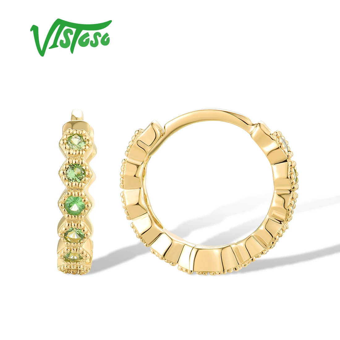 VISTOSO Real 14K 585 Yellow Gold Hoop Earrings For Women Sparkling Pink /Blue Sapphire Green Garnet Wedding Huggie Fine Jewelry