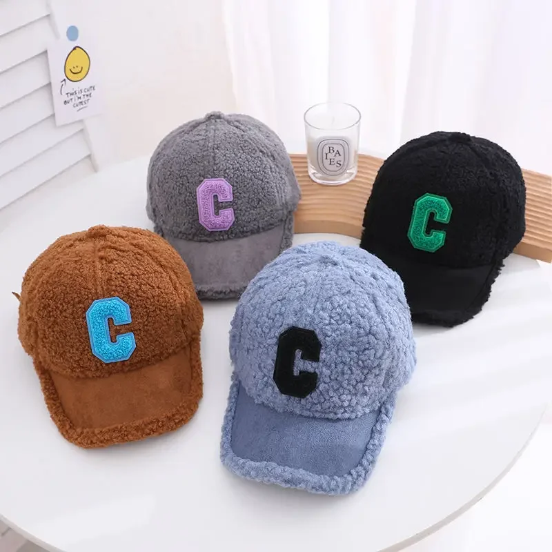 Fall Winter Baseball Cap for Children Boy Girl Winter Cap 3-8 years Kids Plush Hats with Letter Bicolor Thick Snapback Hats