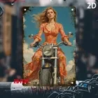 Vintage Retro-Style Metal Sign: Boho-Chic Woman on Motorcycle – Whimsical Road Trip Decor