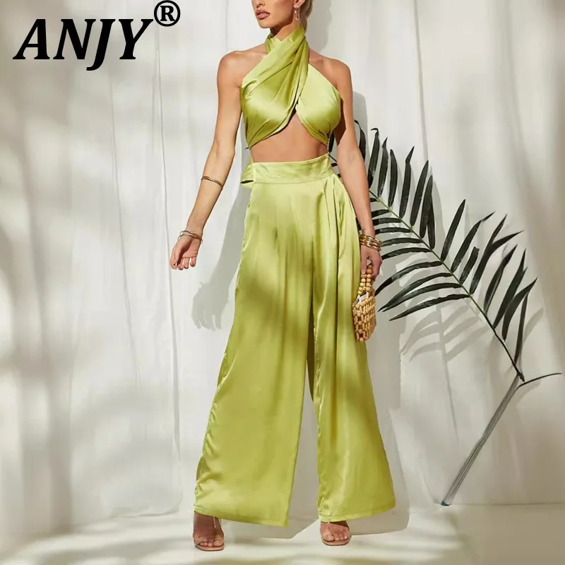 

ANJY Spring Autumn New Women Solid Color Strapless Wide-Leg Pants Set Sexy Design Tops Elegant Ins Pleated Casual Bottoms A19734