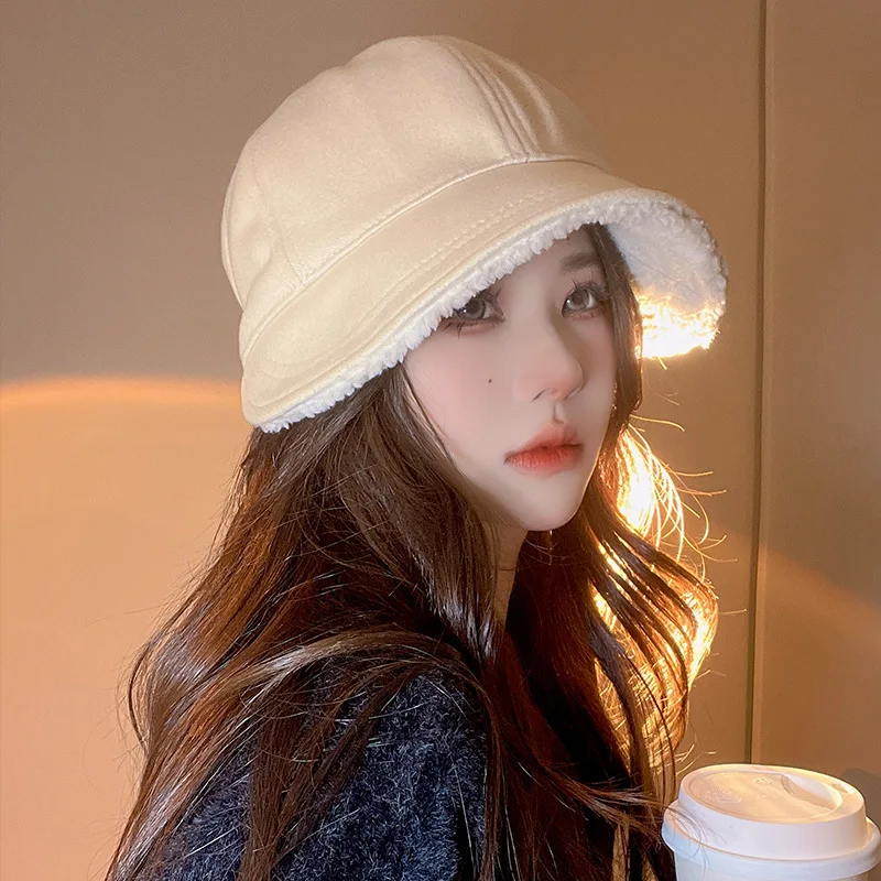 Korean Style Ins Autumn and Winter Warm Cotton Bucket Hat Women's Double-Sided Face-Looking Peaked Cap with Rose