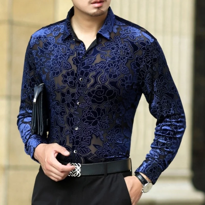 2023 New Sexy Lace Shirt for Male Floral Print Shirt Men Transparent Shirt See Through Mesh Shirt Club Party Prom Chemise Homme