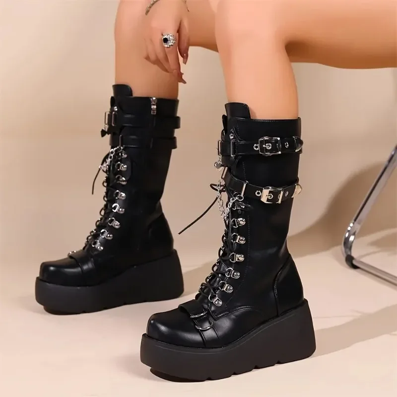 2024 Women's Platform Gothic Boots Black Wedge Heeled Shoes Punk Buckle Belt Decor Boots Motorcycles Boots Big Size 35-43