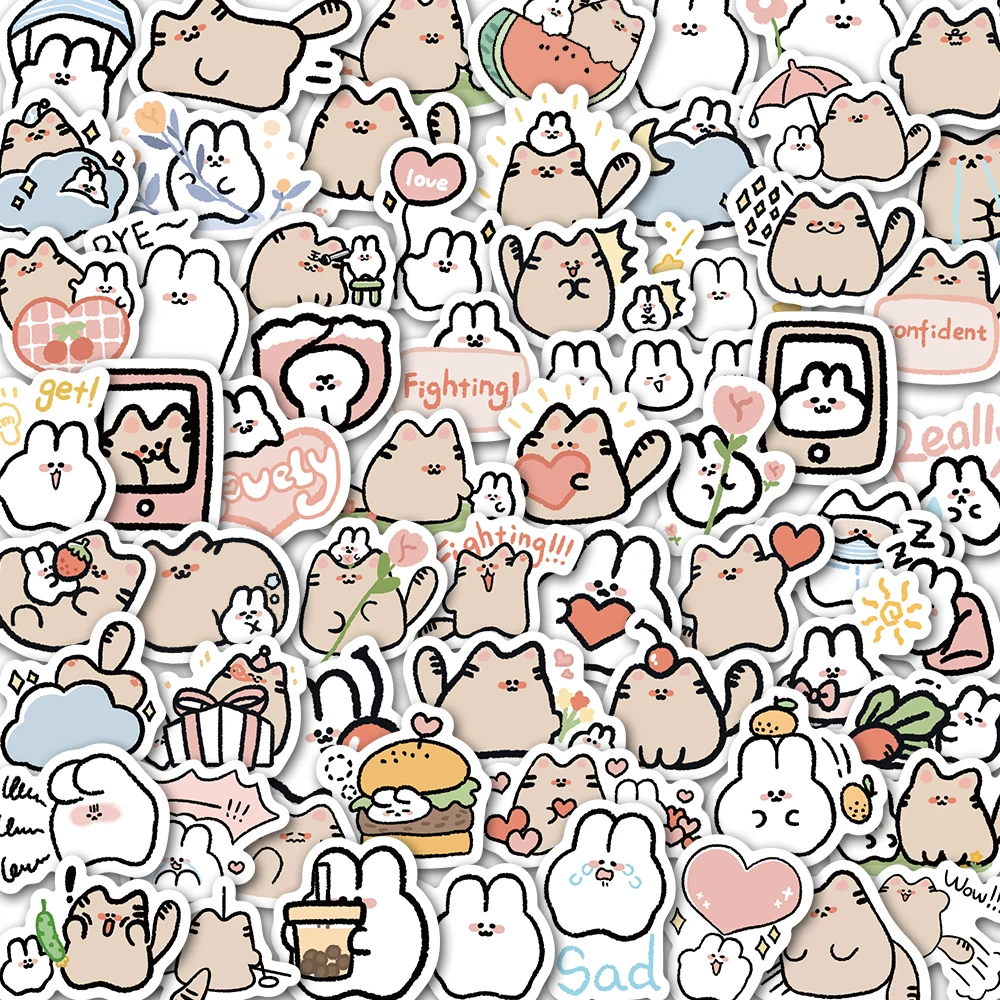 60st Schattige Kat & Konijn Kawaii Stickers Vintage Voor Diy Kids Notebook Bagage Motorfiets Laptop Koelkast Stickers Graffiti