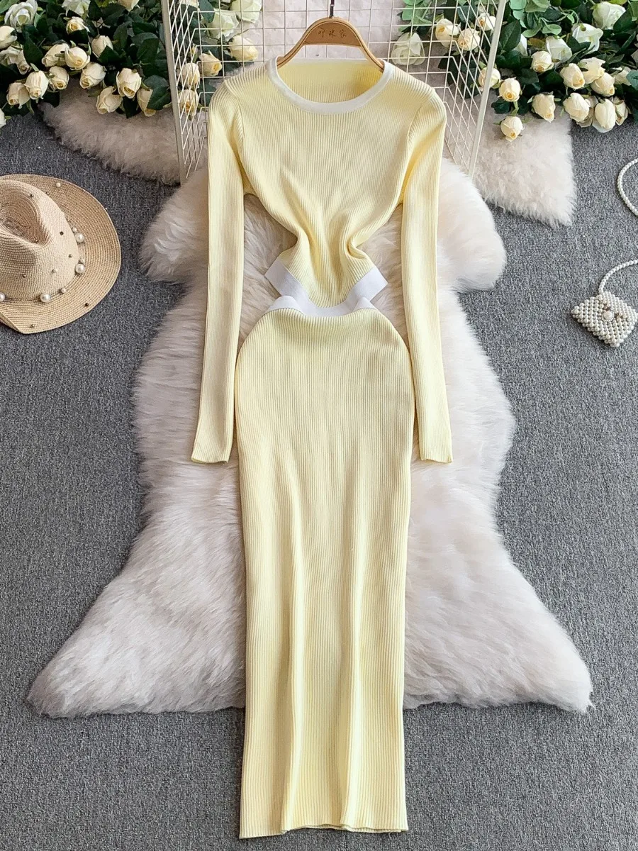 Foamlina outono manga longa cintura cinched malha bodycon vestido estilo europeu design elegante corte cintura sexy chique camisola vestido