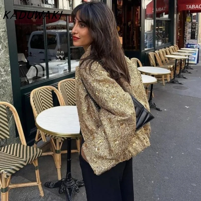 

KADUWAKI Fashion Women's Sequined Bomber Jacket Fall O Neck Long Sleeve Gold Sequins Coat Female Glitter Chic Outerwear Harajuku