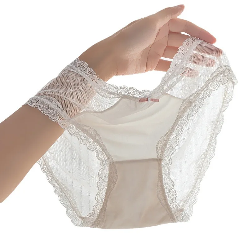 ملابس داخلية دانتيل فرنسية مثيرة لعام 2025 ملابس داخلية صيفية رفيعة للغاية تسمح بمرور الهواء ومريحة بدون أثر ملابس داخلية للفتيات منتصف الخصر للسيدات
