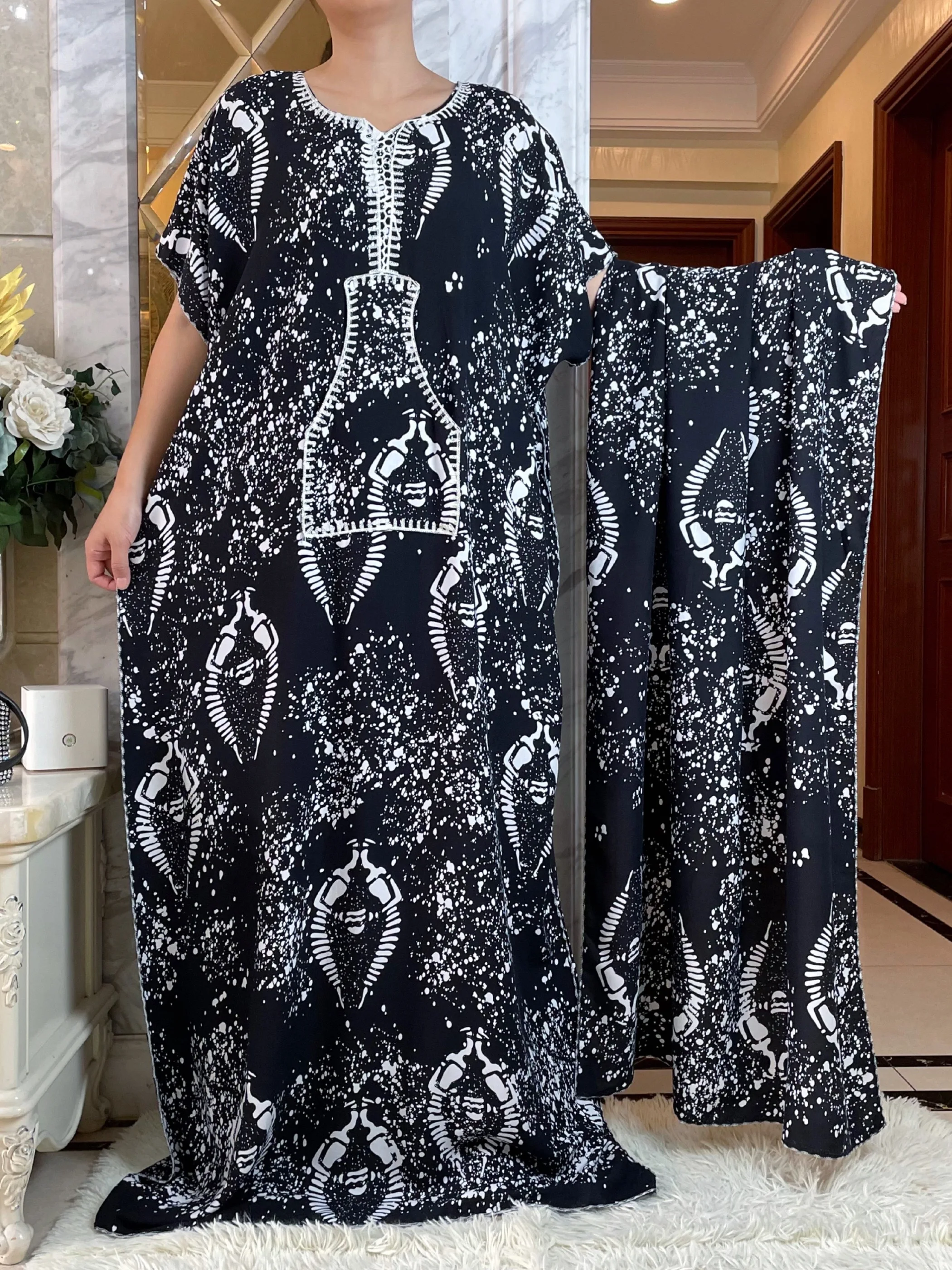 2023 Dubai Muslim Dress With Big Scarf For Women Loose Maxi  Robe Femme Musulmane African O-neck Print Floral Abaya