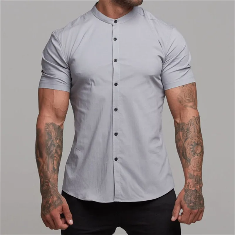 Men's Fashion Short Sleeve Plain Casual Shirt Super Slim Fit Male Social Business Dress Shirts Brand Men stand-up collar shirt