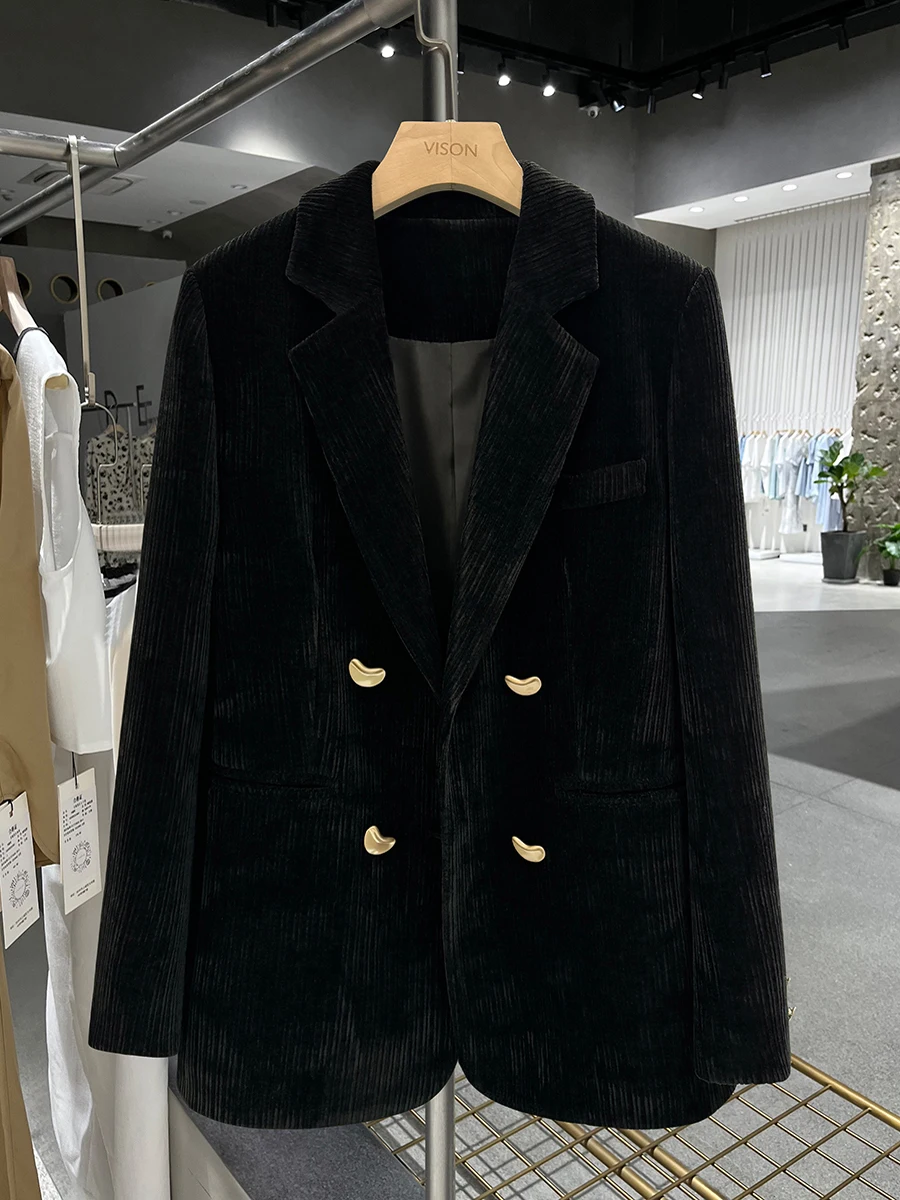 

Черный простой элегантный вельветовый пиджак для женщин, новая коллекция осень-зима 2025, корейский стиль, профессиональный деловой костюм