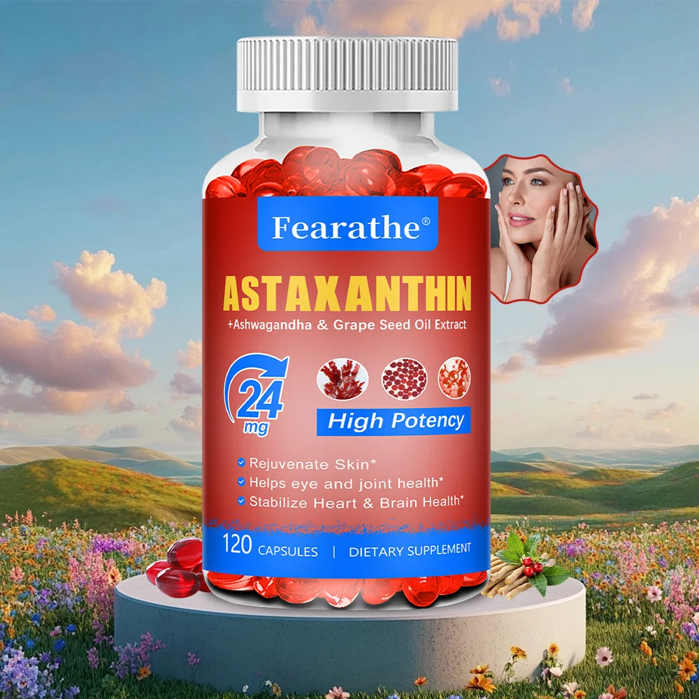 Astaxantina: con aceite de semilla y Ashwagandha, ojos, piel, articulaciones y salud inmunológica, mejora la visión, antioxidante, no OGM
