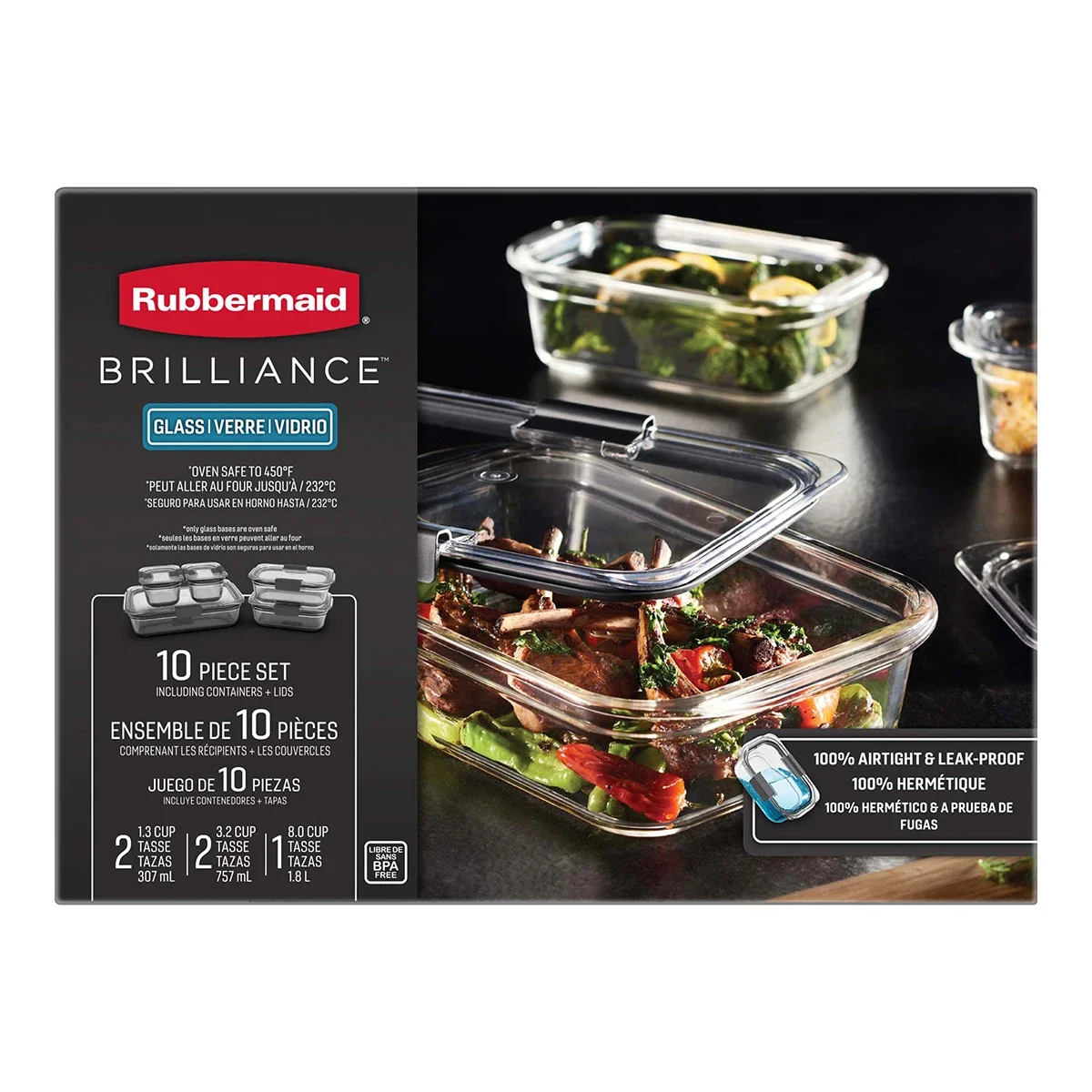 

Модные стеклянные контейнеры Rubbermaid Brilliance, набор из 10 контейнеров для хранения продуктов