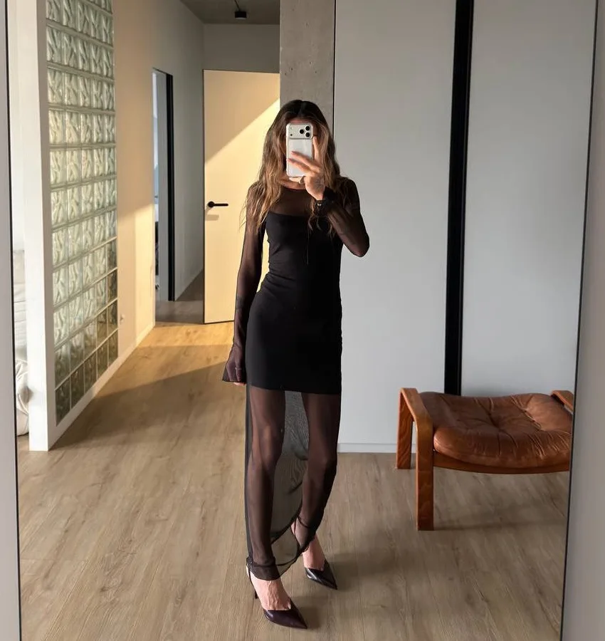 Women Dress 2026 Spring New Long Sleeved Mesh Double Layered Design Round Neck Slim Fit Daily Casual Long Dress