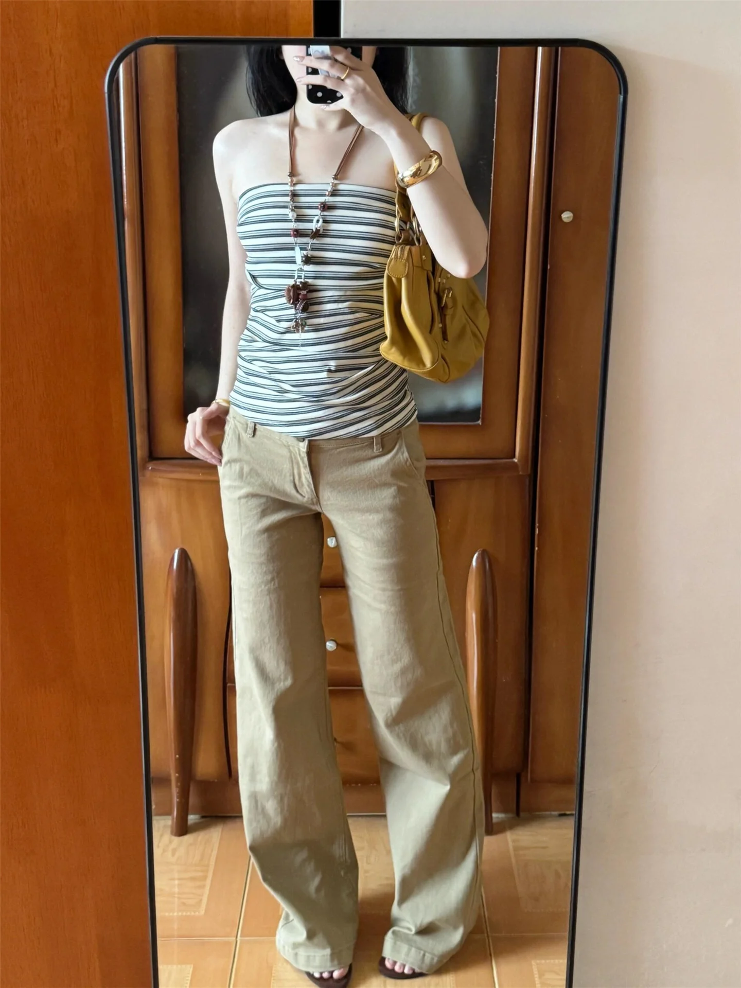 

Retro Low Waist Straight Leg Jeans Women's Loose Drape Khaki Color Slim Wide Leg Floor Length Extended Pants Casual Style