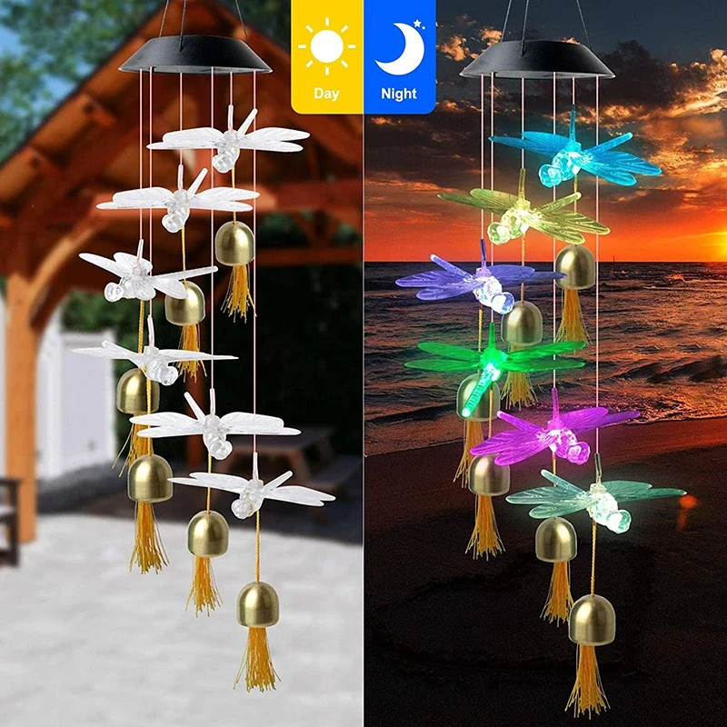 Waterproof Solar Dragonfly Wind Chime Color Changing LED With Bell Outdoor Hanging Decor Romantic Patio Light For Garden