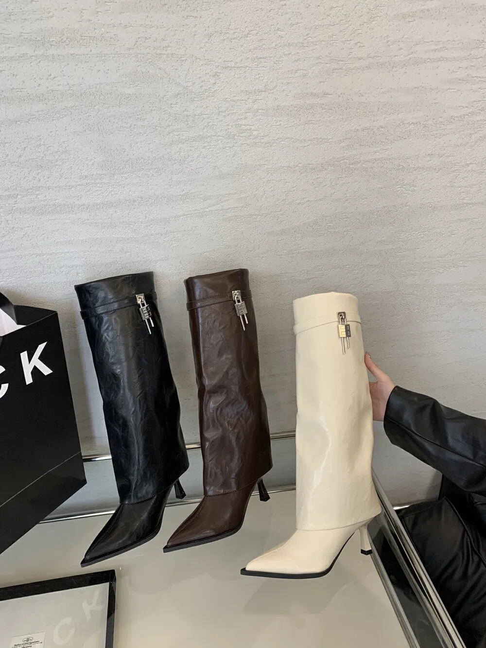 Pointed Toe Women Knee High Boots Solid Color Thin High Heels Black Brown White Chelsea Boots Woman Size 35-39 Party Pumps Brown