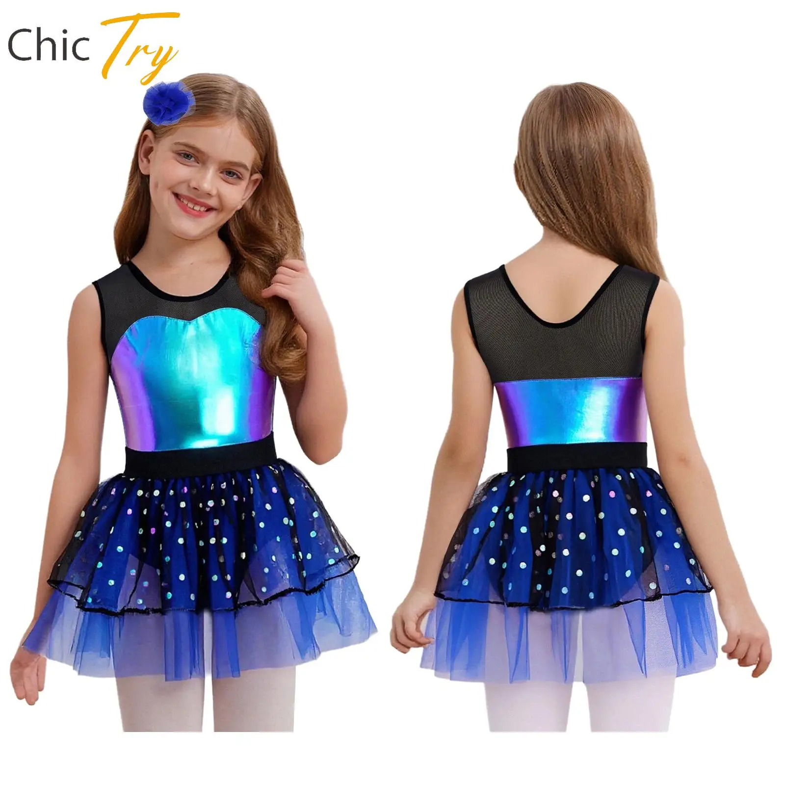 

Girls Ballet Dance Set Gymnastics Figure Skating Costume Sheer Mesh Metallic Bodice Tulle Tutu Dress Outfit for Stage Show Party