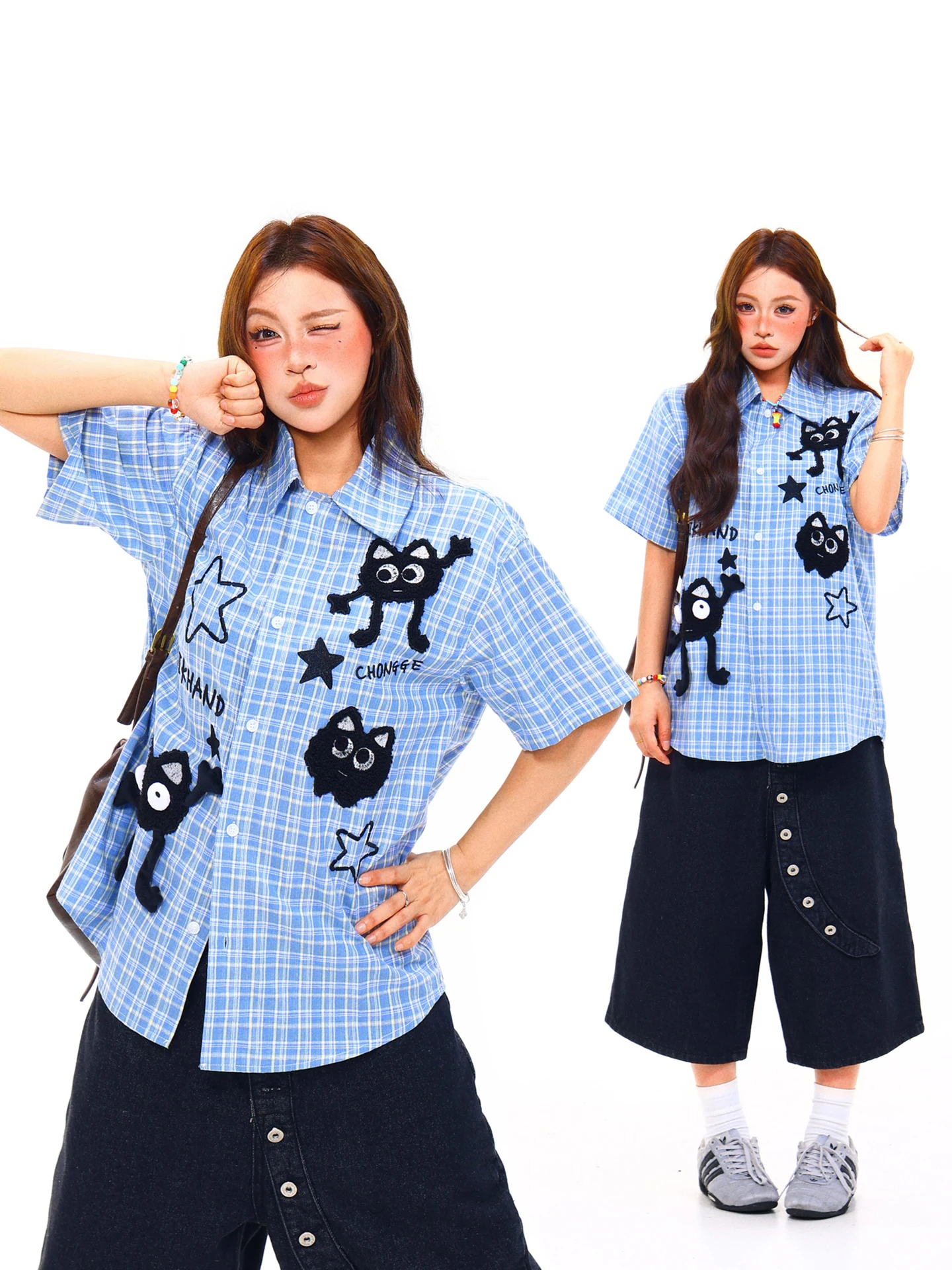

Light Blue American Style Embroidery Loose Women's Short Sleeve Shirt Cotton Polyester Blend Summer Fashion Casual Shirt