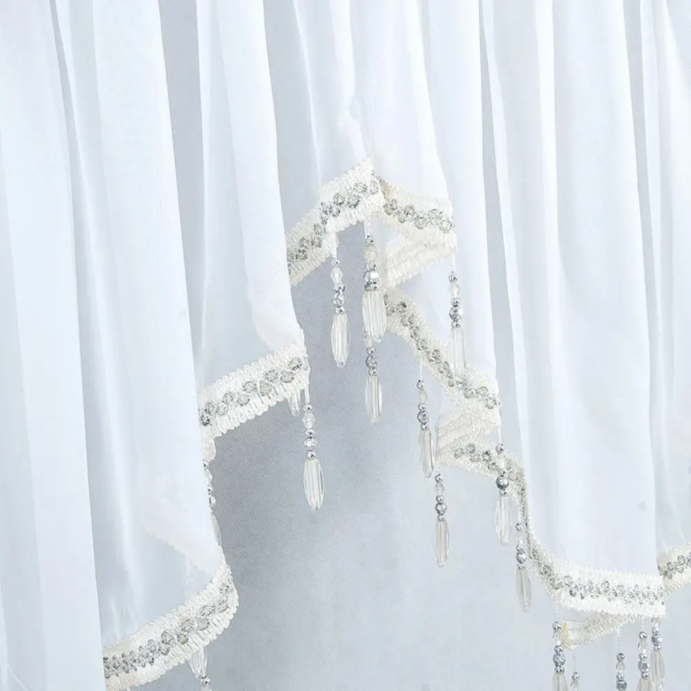 Solid Color Triangle Curtains Embroidered Rod Pocket Sheer Curtain with Beads Tassels Soft Window Drape Shades Home Decor