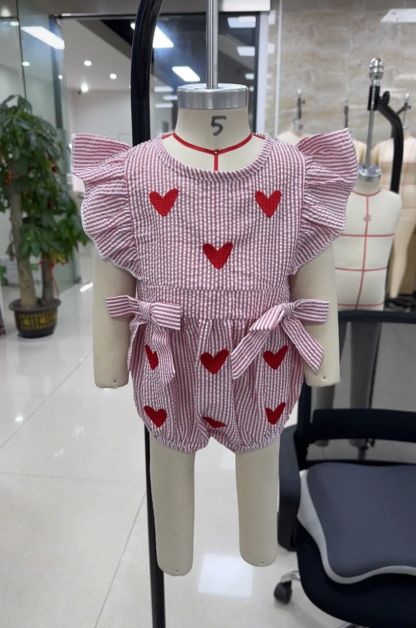 

Infant Baby Clothing Girl Valentine's Romper Crew Neck Heart Embroidery Striped Print Bubble Jumpsuit Newborn Xmas Clothes