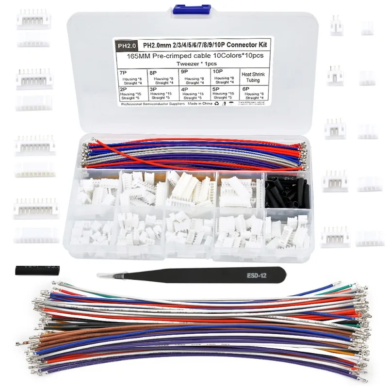 PH2.0MM Pitch Connector 2345678910P Plastic Shell Straight Header Kit with Terminals 10 Color 165MM Cable