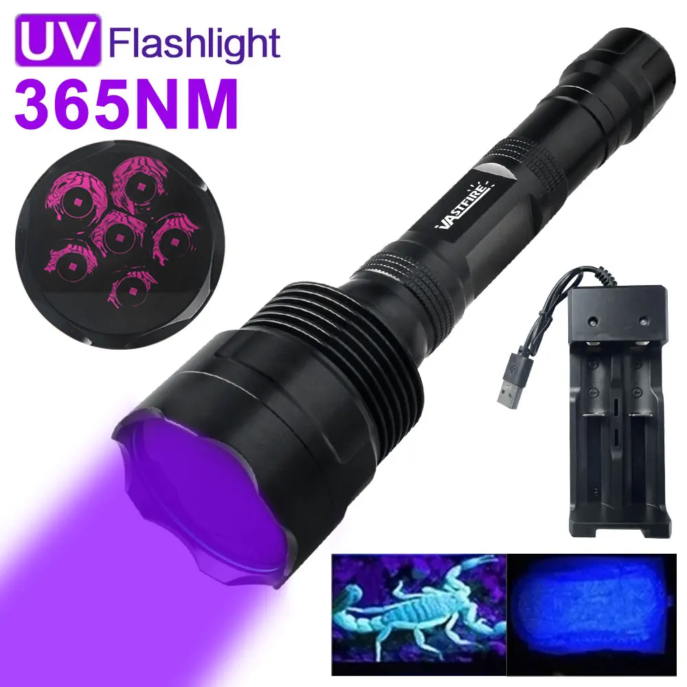 UV Flashlight 365nm 395nm Ultraviolet Torches Portable USB Rechargeable Violet Light black light 6-core 60W