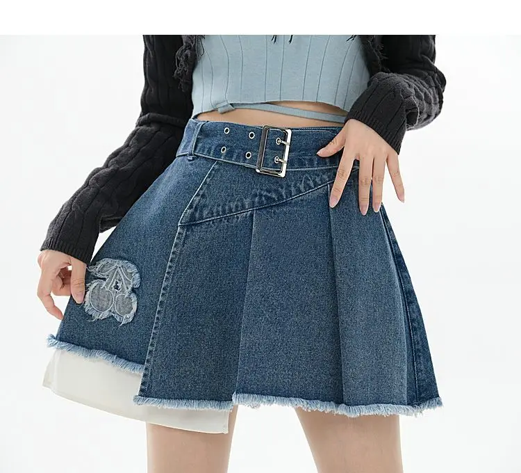2025 Zomer Vrouwen Hoge Taille Gescheurde Kwastje Sjerp Designer Geplooide Borduren Denim Rok, Vrouw Rokken