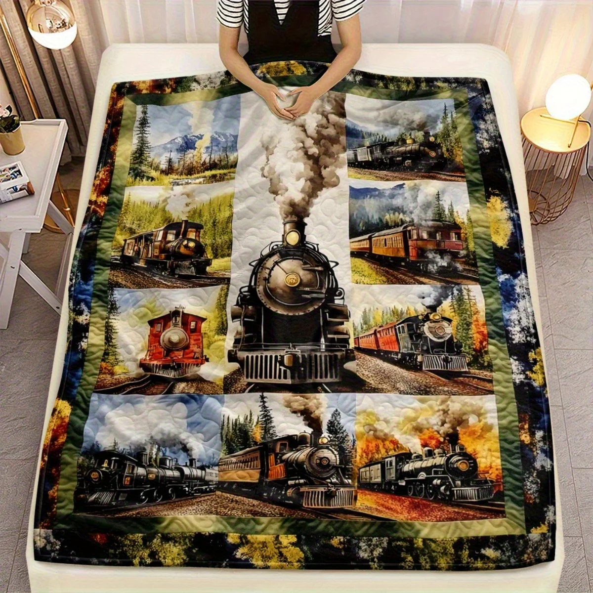Personalized Train Blanket Vintage Locomotive Art Soft Fleece Throw Gift Home Decor Railroad Theme