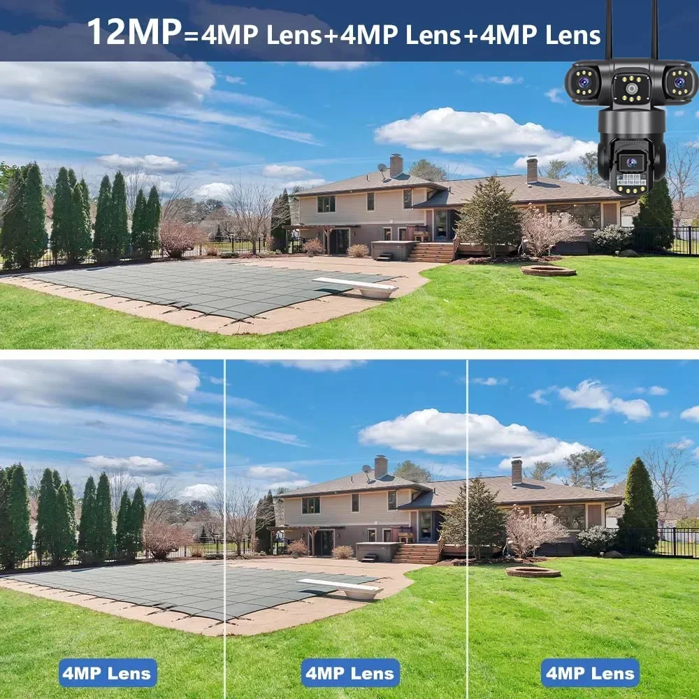 4G Camera 12MP 6K Three Lens Three Screen Monitor Night Vision Security Protection V380 Pro PTZ Video Surveillance