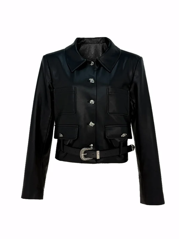 جاكيت نسائي قصير أصلي من يبوبايبي، مصنوع من الجلد المقوى بالقطن، أسود اللون، مناسب للشتاء، بتصميم عصري وأنيق، قصة قياسية