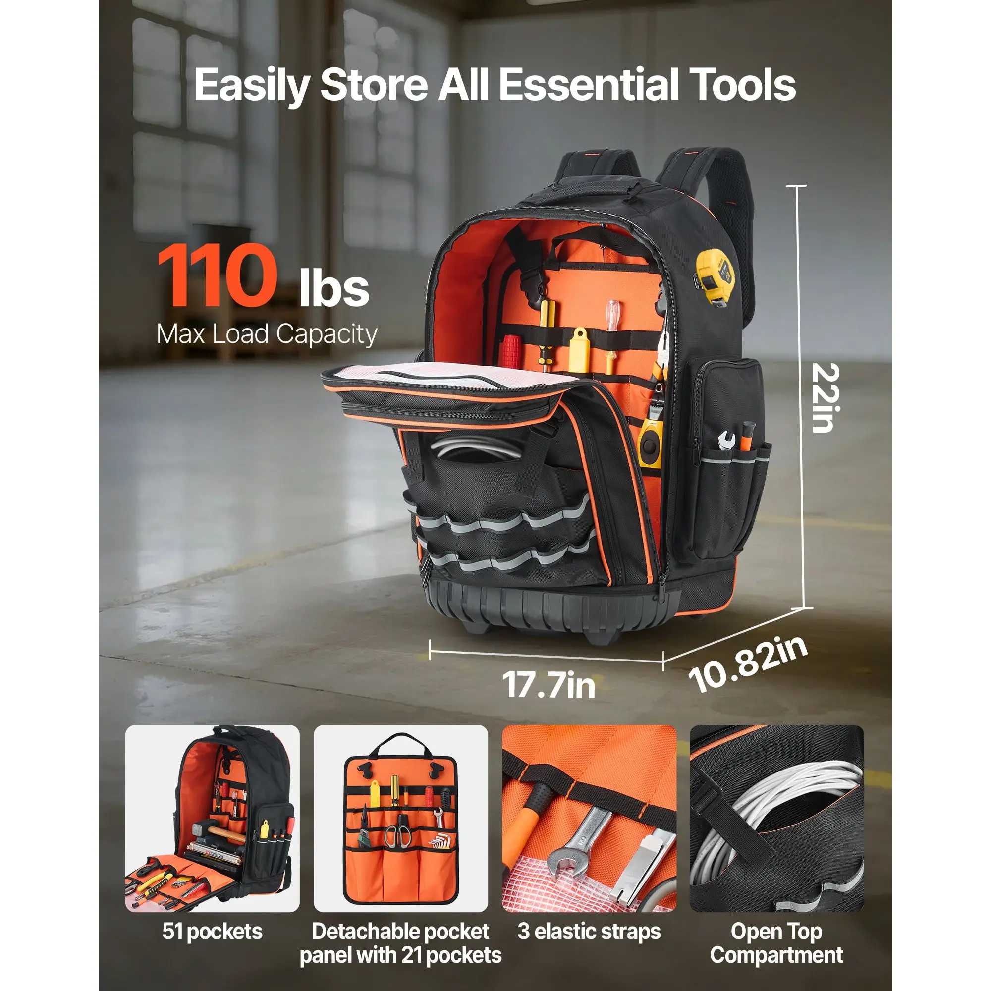Rolling Tool Backpack, 110 lbs Load Capacity, 72 Pockets Heavy Duty Roller Tool Bag on Wheels, Adjustable Telescoping Handle & Stable Base, Toolbag Organizers for Construction, Mechanic