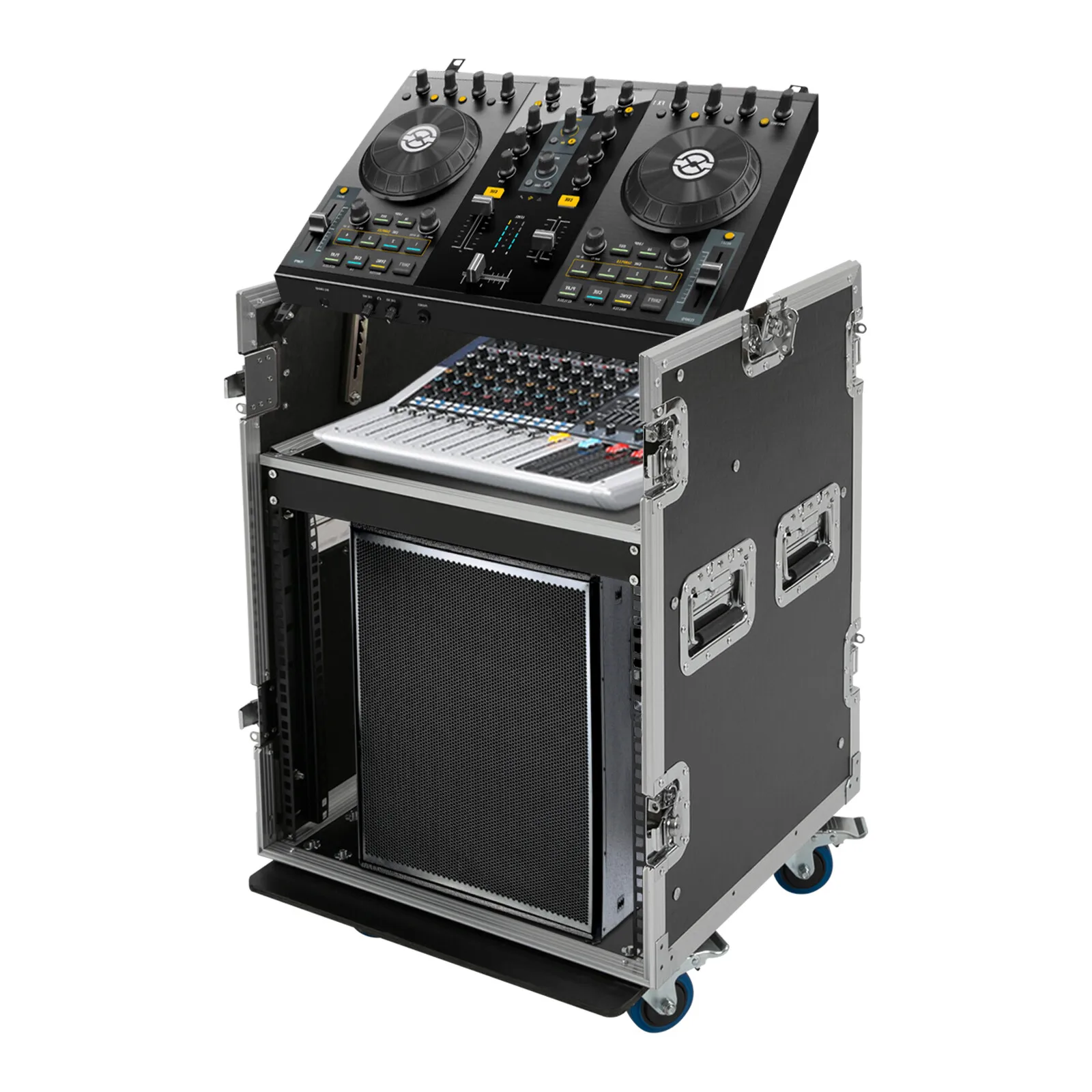 

10U PA DJ-стойка-шкаф, сетевой и стерео-рэк с 4 колесами, дорожный кейс, наклонная верхняя полка для микшера, рэк для сетевого и стереооборудования