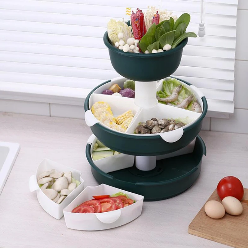 3 Layer Revolving Fruit Plate Drain Basket Kitchen Classified Storage Turntable Vegetable Fruit Drainer Organizer