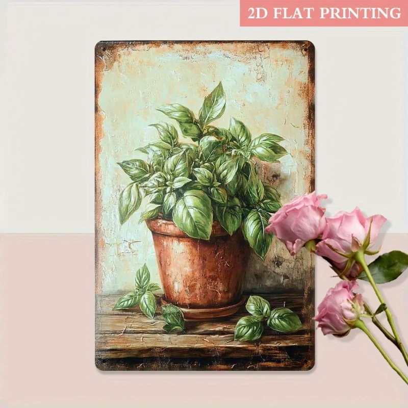 Placa de metal vintage con diseño de planta de albahaca, 8x12 pulgadas, decoración de pared retro para sala de estar, cocina, porche