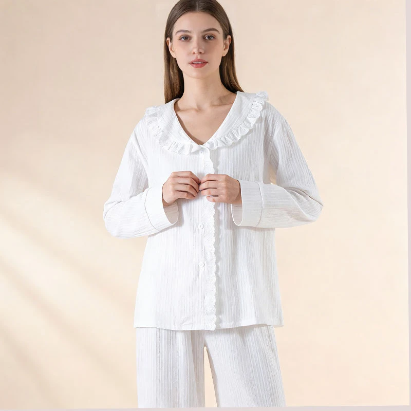 

Long Sleeve Pajamas Womens Nightwear Pyjamas 2026 Spring New 100% Cotton Sweet Lace Princess Sleepwear Sleeping Clothes