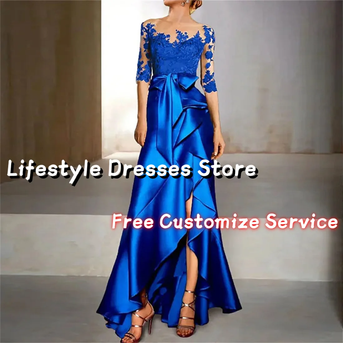 

Blue Satin Appliques 3/4 Sleeves Prom Dresses Mother Of The Bride Dresses Mermaid Ruffles Asymmetrical Party Gown