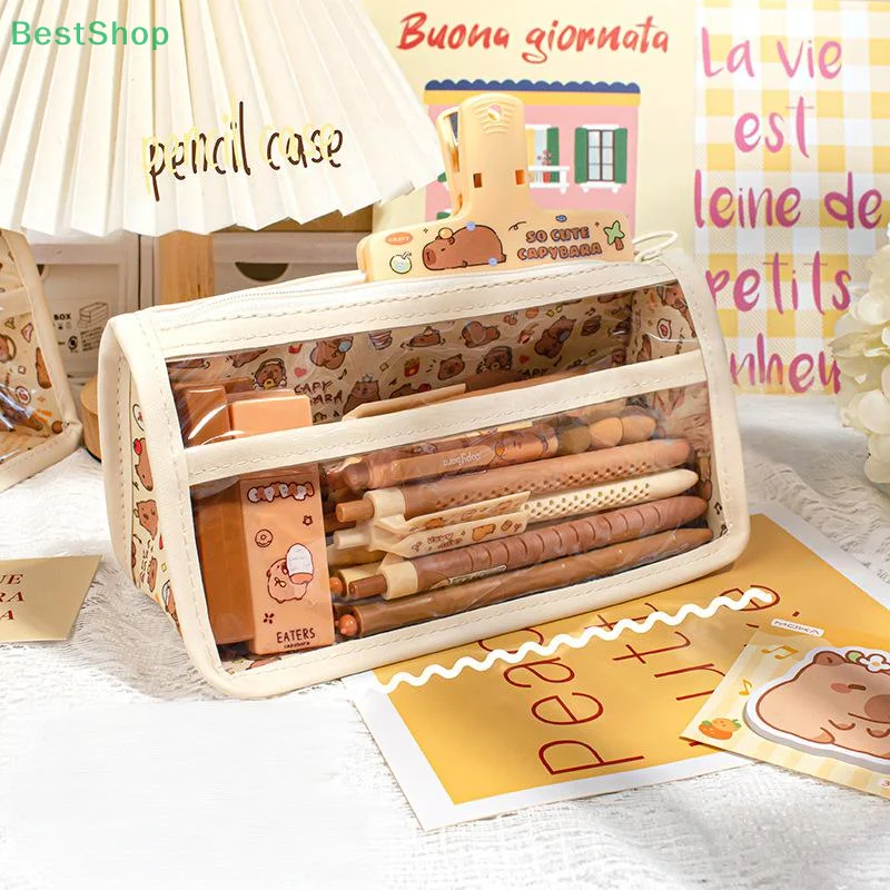 Tas Pena Kapibara Kapasitas Besar PVC Alas Segitiga Tahan Air Transparan Organizer Alat Tulis Hadiah Untuk Pelajar Kantor Rumah