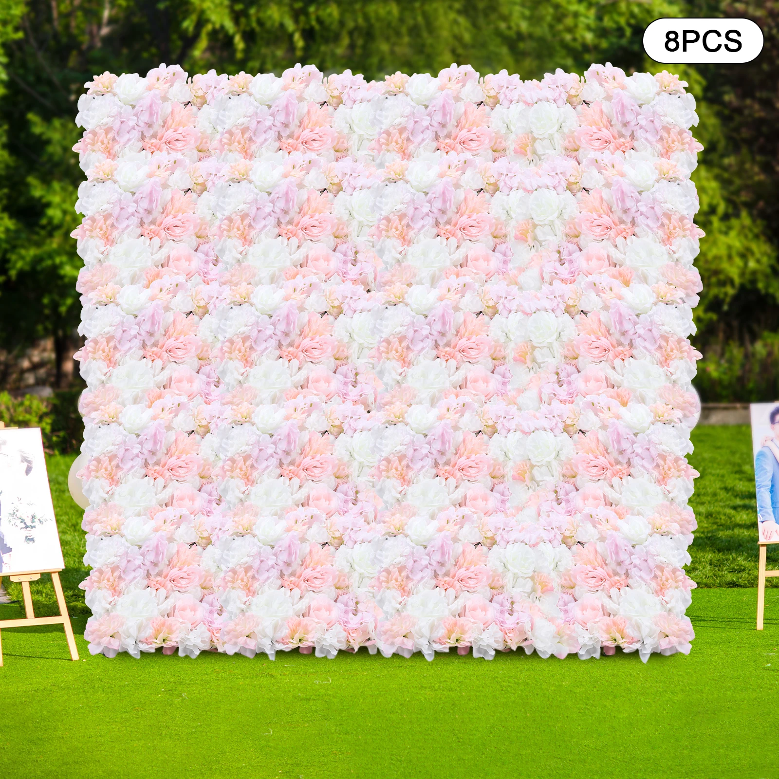 8 PCS Artificial Flower Wall Panels Indoor Outdoor Background Faux Silk Flower Decoration Wall Mat for Party Wedding Show W/Grid