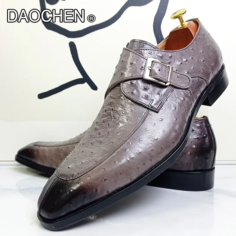 LUXURY BRAND MEN LEATHER SHOES GRAY BLACK LOAFERS SLIP ON MENS DRESS SHOES BUCKLE STRAP WEDDING OFFICE SHOES FOR MEN