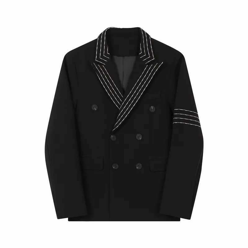 

Chic Men's Black Blazer Jackets Double Breasted Embroidered Lines College Young Streetwear Clothing Casual Suit Coat