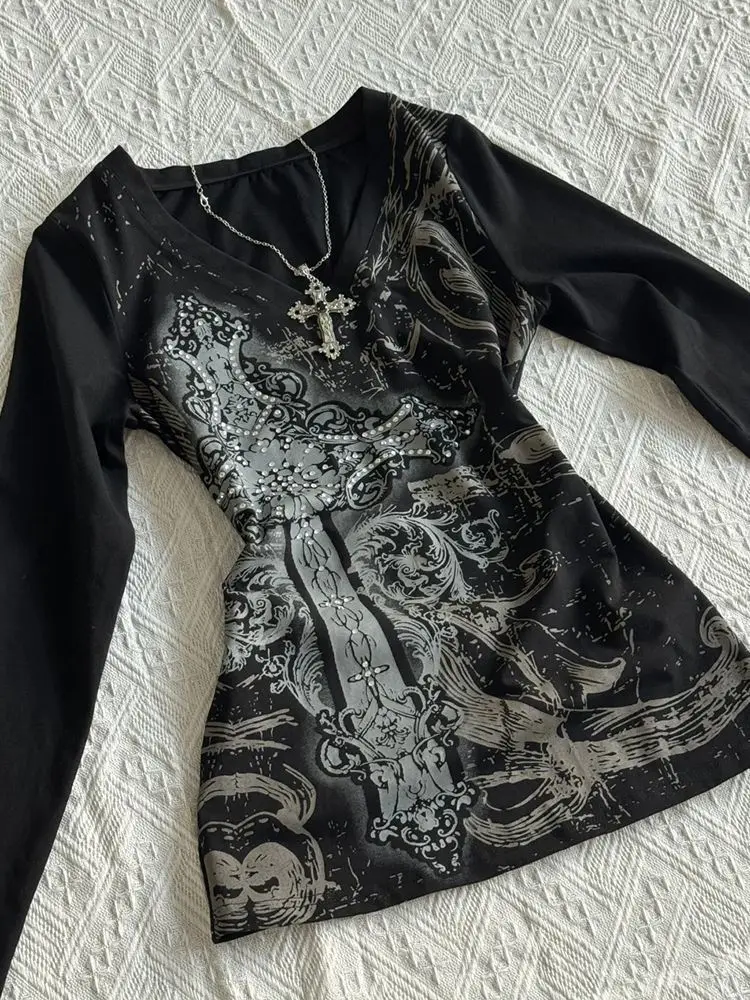 القوطية الأمريكية الجرونج سليم مثير خمر Harajuku الإبداعية طباعة القمم المتمردين ايمو فتاة شخصية الاتجاه كم طويل تي شيرت #4