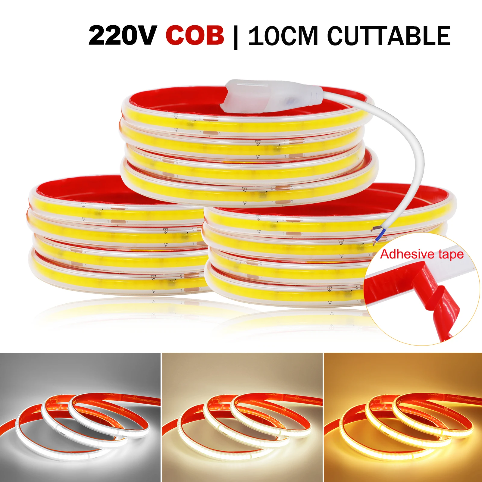 

10CM Cuttable LED Strip 220V COB LED Strip Light 240LEDs High Density Linear Light Waterproof Flexible COB Lights with Adhesive