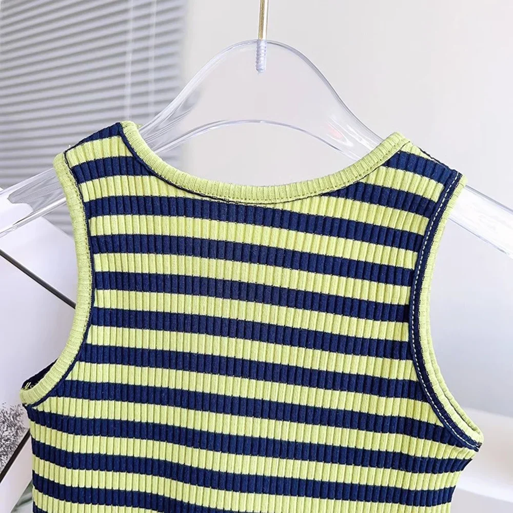 Bear Leader Summer Baby Girl\'s Casual Clothing Set Round Neck Sleeveless Striped Top+drawstring Shorts Two Piece Set