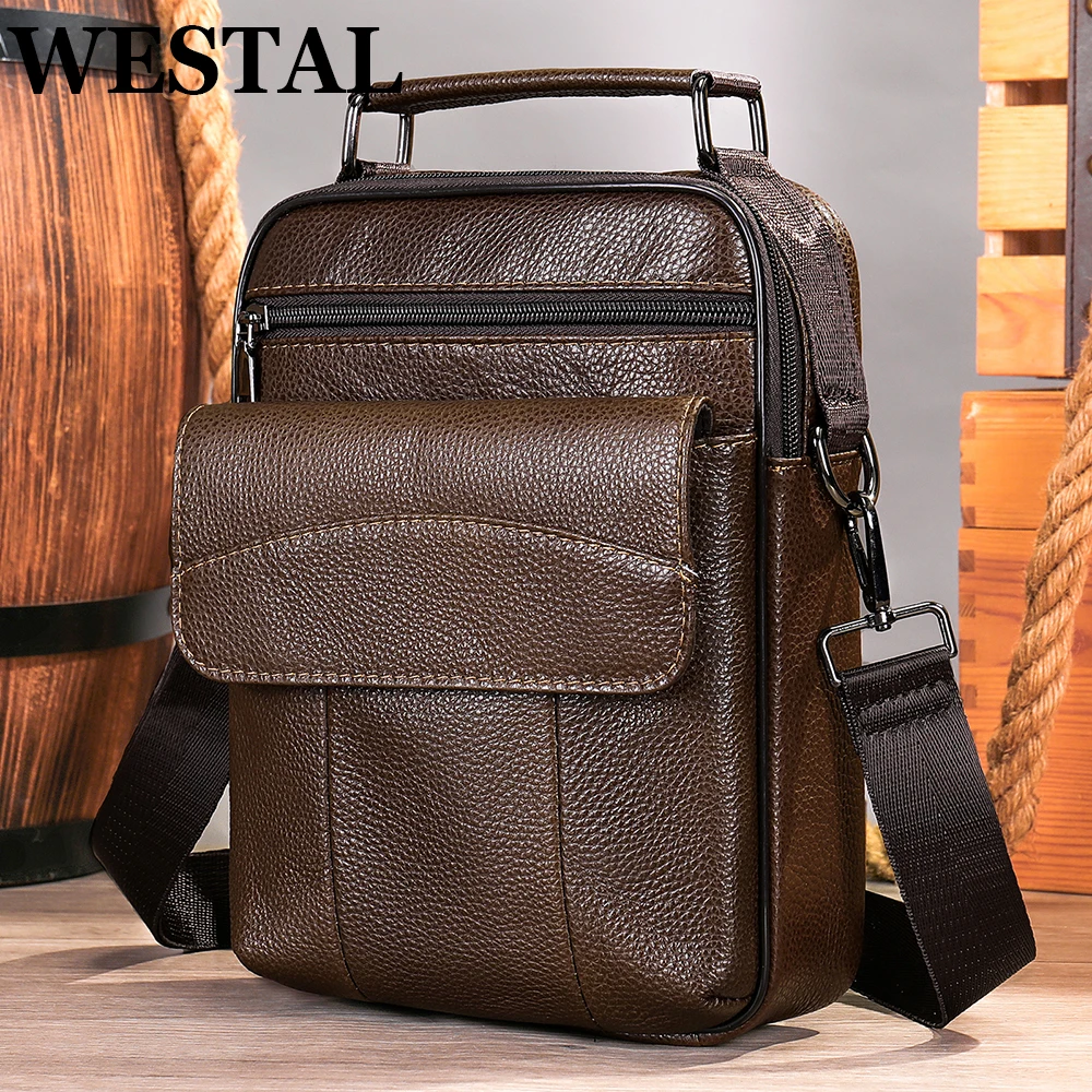 

WESTAL Brown Black Men's Shoulder Bags Genuine Leather Messenger Crossbody Bag Male Flap Cover 7.9 Inch iPad Phone Pocket Party