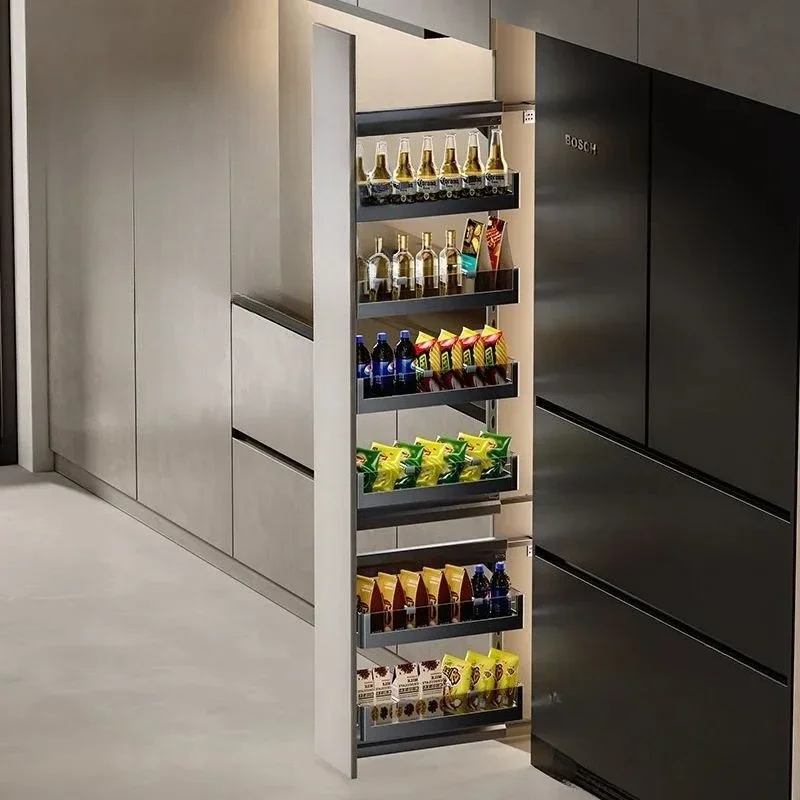 High and deep side pull basket drawn between the cracks on the side next to the cabinet and refrigerator