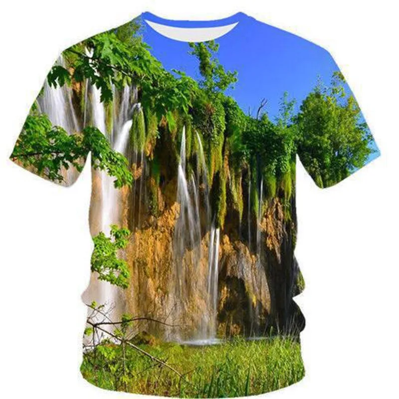 Summer Men New Natural Scenery Waterfall 3D Printed T-shirts Unisex Fashion Casual Round Neck Short Sleeve oversized t shirt Top